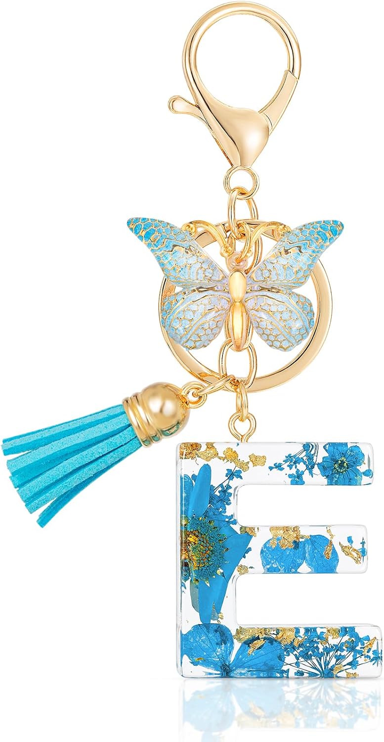 MWOOT Initial Letter E Keychain Resin Alphabet Keyrings,Blue Petals Gold Foil Key Ring Charm with Butterfly Tassel Pendant,Kawaii Key Chain for Womens Gift Ideas Wallet Purse Bag Handbag Decor (E) - Image 1