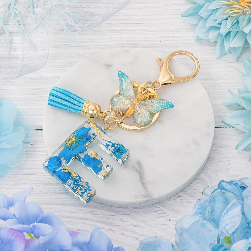 MWOOT Initial Letter E Keychain Resin Alphabet Keyrings,Blue Petals Gold Foil Key Ring Charm with Butterfly Tassel Pendant,Kawaii Key Chain for Womens Gift Ideas Wallet Purse Bag Handbag Decor (E) - Image 2