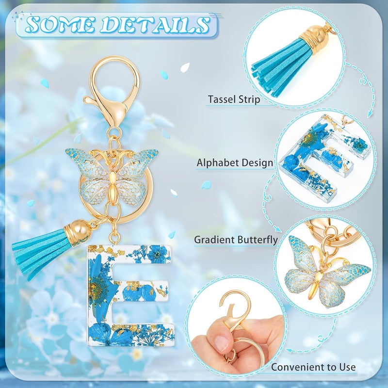 MWOOT Initial Letter E Keychain Resin Alphabet Keyrings,Blue Petals Gold Foil Key Ring Charm with Butterfly Tassel Pendant,Kawaii Key Chain for Womens Gift Ideas Wallet Purse Bag Handbag Decor (E) - Image 5