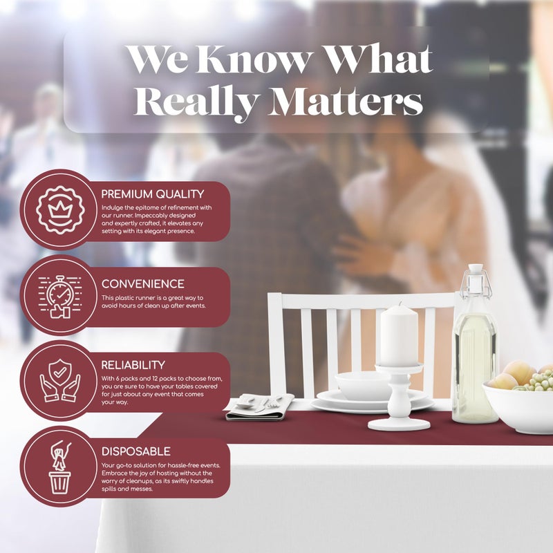 Grandipity Burgundy 12 Pack Premium Disposable Plastic Table Runner 14 x 108 Inch. Table Runner for Dinner Parties & Events by Grandipity - Image 4