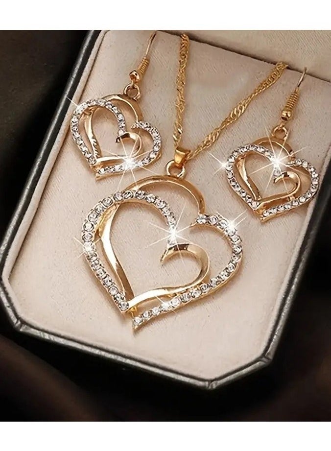Goolsky 1 Pair Of Earrings + 1 Necklace French Romantic Style Jewelry Set Sparkling Heart Design Silvery Or Golden Make Your Call Gift For Her - Image 1