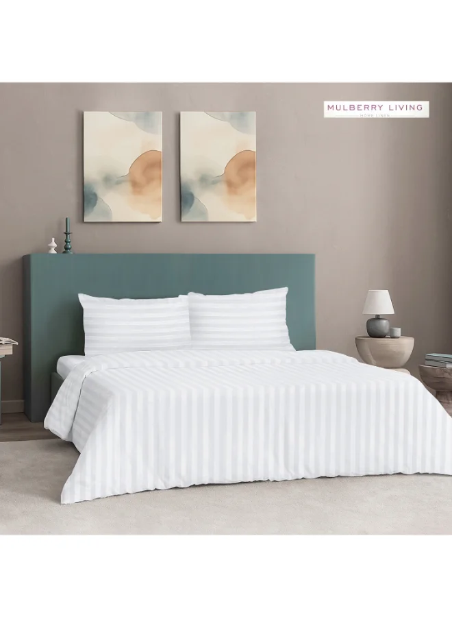 MULBERRY LIVING 100% Cotton -300 TC Elysian Stripes 4 Piece Duvet Set - 1 Duvet Cover (240 x 220 cms), 1 King Size Fitted Bedsheet (180 x 200 x 30 cms) with 2 Pillow Covers (50 x 75 cms) – White