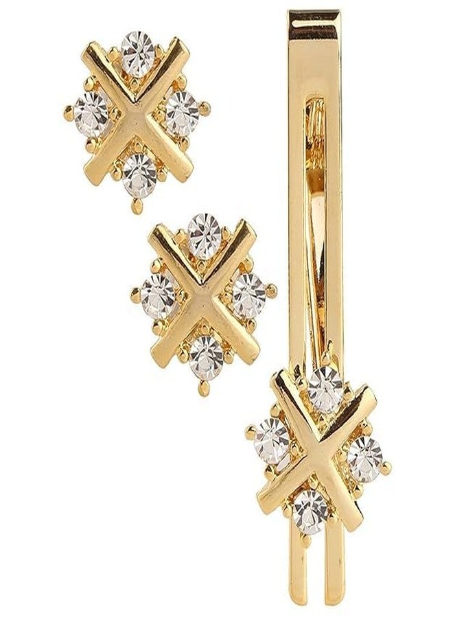 CUFFLINKS Unique Shaped Cufflink Gold Set with Diamonds Crystals and Matching tie pin for Men in a Gift Box