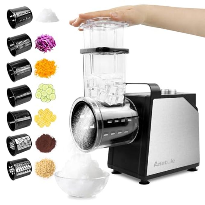 Anatole Electric Cheese Grater 7 Blades Ice Shaver Stainless Steel Vegetable Shredder 250W BPA-Free 110V