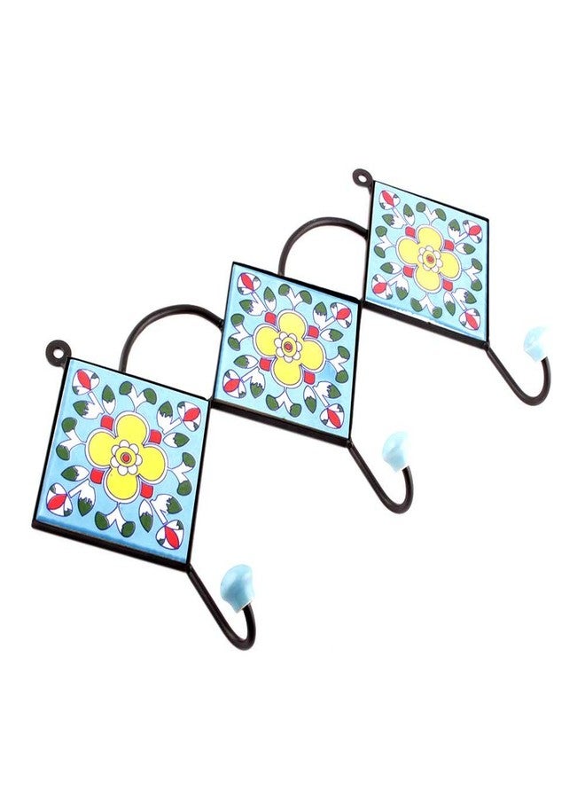 Indian-Shelf IndianShelf Floral Utility Hooks Hangers Key Holders Wall Hanging Clothes Mount Hat Mug Utensils Bathroom (Ceramic_Turquoise_8.5 Inches)-1 Piece - Image 1