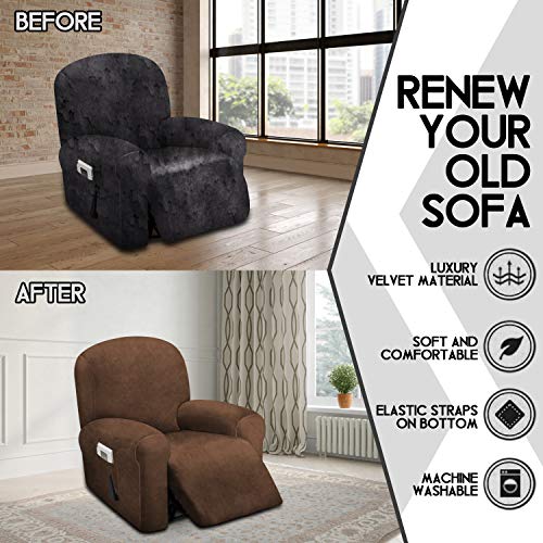 ULTICOR 4-Piece, 1 Seat Recliner Cover, Velvet Stretch Reclining Chair Covers for 1 Cushion Reclining Sofa, Single Seat Recliner Couch Cover, Thick, Very Soft, Machine Washable (Chocolate) - Image 5