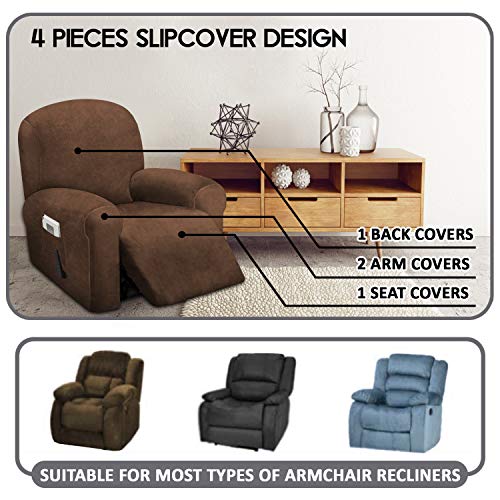 ULTICOR 4-Piece, 1 Seat Recliner Cover, Velvet Stretch Reclining Chair Covers for 1 Cushion Reclining Sofa, Single Seat Recliner Couch Cover, Thick, Very Soft, Machine Washable (Chocolate) - Image 2