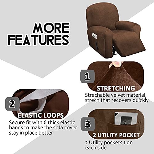 ULTICOR 4-Piece, 1 Seat Recliner Cover, Velvet Stretch Reclining Chair Covers for 1 Cushion Reclining Sofa, Single Seat Recliner Couch Cover, Thick, Very Soft, Machine Washable (Chocolate) - Image 4