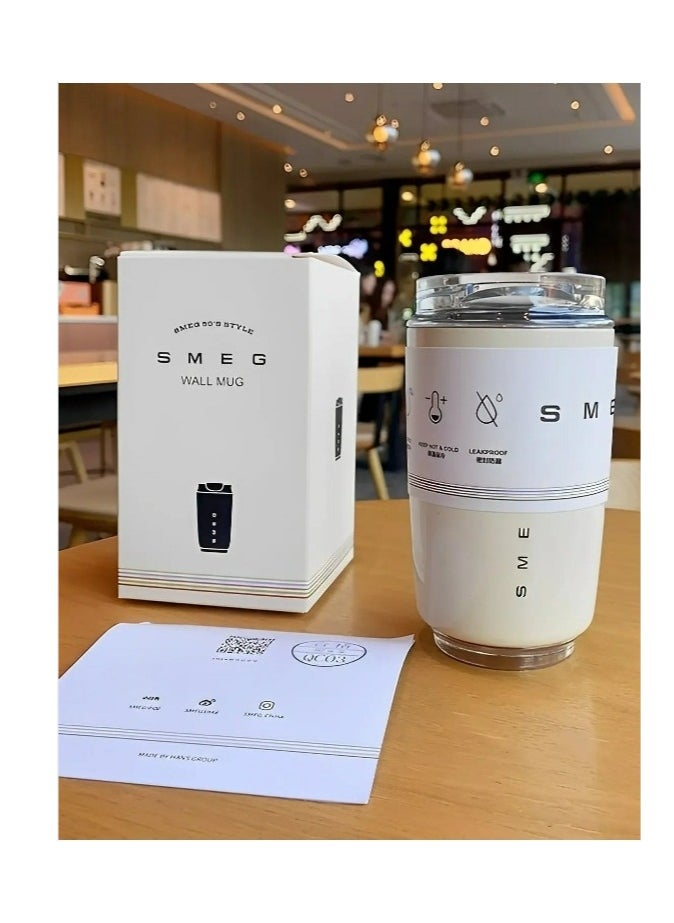 smeg Travel Coffee Mug, 320ml Insulated Beverage Cup With Leakproof Lid, Long Lasting Coffee Tumbler With Lid And Straw, Travel Coffee Thermos White  - Image 2