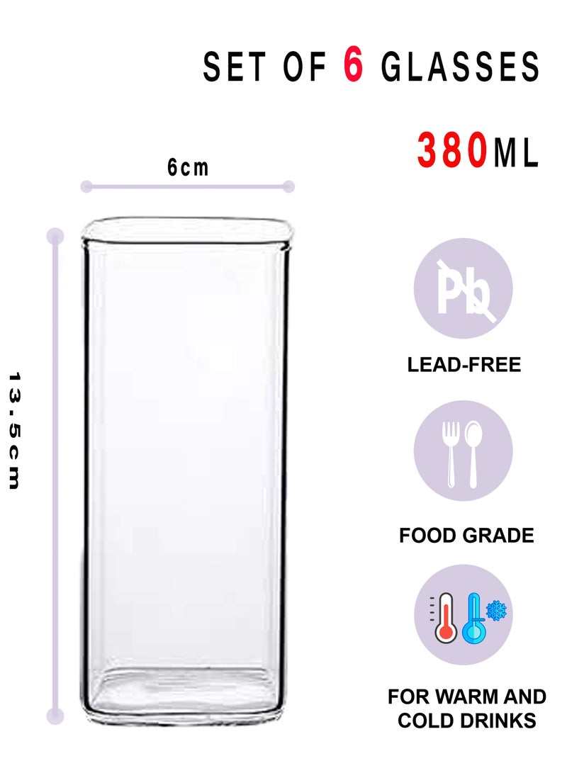 6 أكواب شرب مربعة شفافة - 380 مل للكوب، أكواب زجاجية شفافة عصرية بتصميم هندسي أنيق قهوة، ماء، عصير، ومشروبات يومية - Image 2