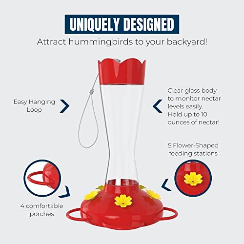 MEKKAPRO Two-Pack Hummingbird Feeders for Outdoors Hanging Made from Glass, 10oz, Hanging 5 Nectar Feeding Stations, Top Fill Hummingbird Feeder, Bright Red, Backyard Feeder (10 Ounce - 2 Pack) - Image 2