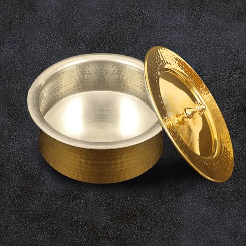 Spillbox Putrika Brass Kitchen Appliances Cooking Serving Pot Pan|Biryani Handi|Urli|Serveware|Tope |Patila|Cookware Bowl|Cooking Bowl Set with Lid- Hammered Lagan (Large) - Image 2