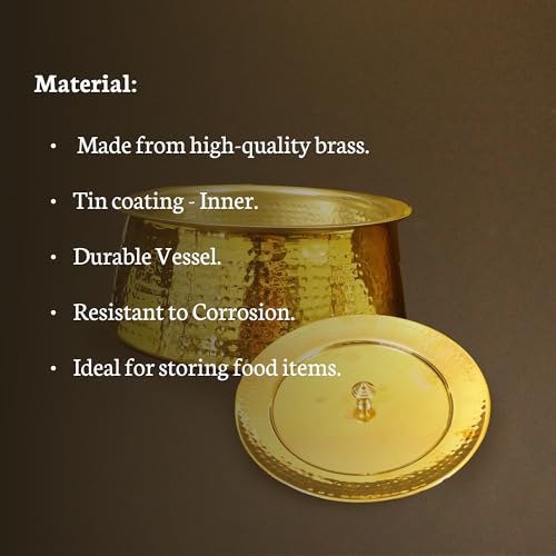 Spillbox Putrika Brass Kitchen Appliances Cooking Serving Pot Pan|Biryani Handi|Urli|Serveware|Tope |Patila|Cookware Bowl|Cooking Bowl Set with Lid- Hammered Lagan (Large) - Image 5