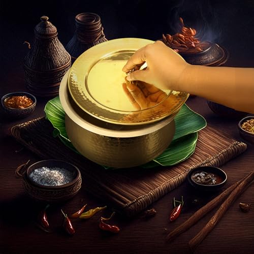Spillbox Putrika Brass Kitchen Appliances Cooking Serving Pot Pan|Biryani Handi|Urli|Serveware|Tope |Patila|Cookware Bowl|Cooking Bowl Set with Lid- Hammered Lagan (Large) - Image 4