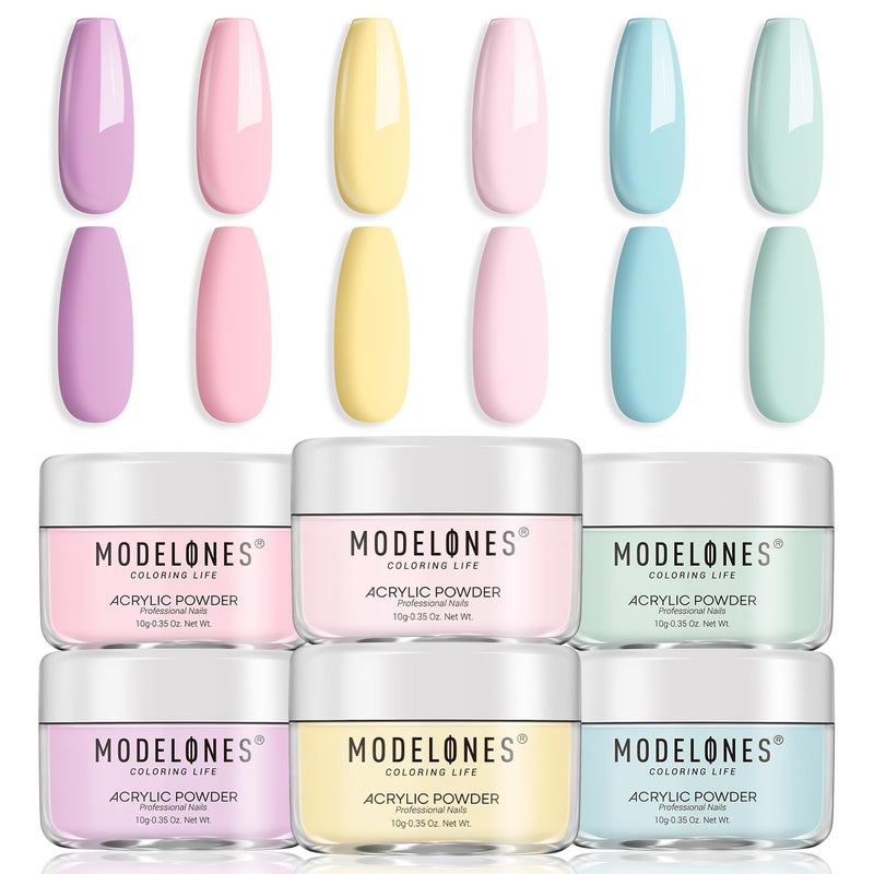 Modelones Pink Acrylic Powder Kit - 6 Colors Pastel Yellow Blue Purple Macaron Spring Cover Powder for Nail Art Extension - No Lamp Needed (A3-PearlyMint Frost) - Image 1