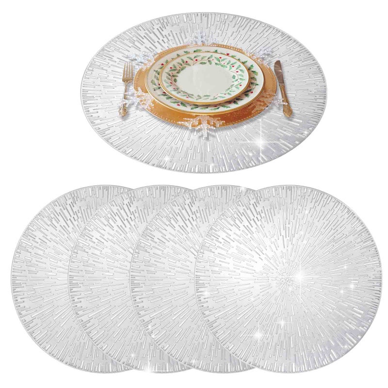 GIVERARE Placemats Set of 4, Round Heat-Resistant Vinyl Placemat, 15in Non-Slip Washable PVC Table Mat, Easy to Clean Premium Plastic Mats for Dining Table, Kitchen Table (Silver) - Image 1