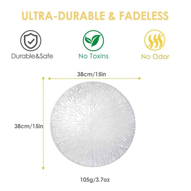 GIVERARE Placemats Set of 4, Round Heat-Resistant Vinyl Placemat, 15in Non-Slip Washable PVC Table Mat, Easy to Clean Premium Plastic Mats for Dining Table, Kitchen Table (Silver) - Image 4
