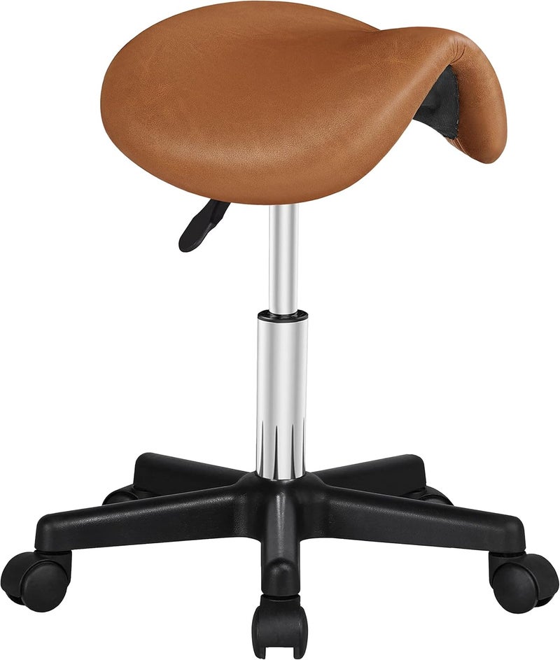 Yaheetech Saddle Stool Rolling Saddle Chair with Wheels Swivel Adjustable Stool for Hair Stylist/Lash Tech PU Leather Tattoo Massage Chair, Retro Brown