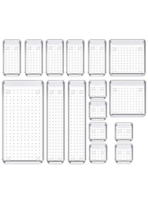 16 PCS Clear Plastic Drawer Organizers Set, 5 Different Size Versatile Bathroom and Vanity Drawer Organizer Trays, Storage Bins for Makeup, Bedroom, Kitchen Gadgets Utensils and Office