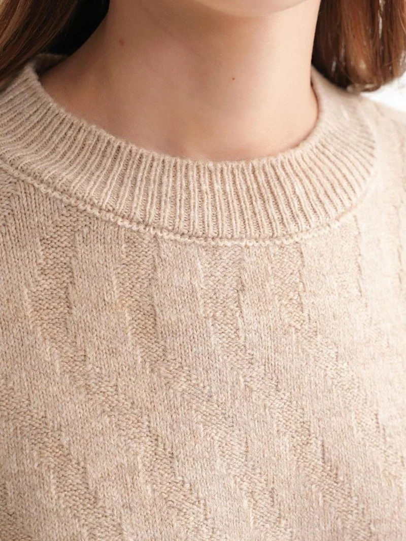 Mixray Beige Natural Mixray Ribbed Knitwear Pullover Sweater with Hair Braid Pattern for Women | Best Price UAE