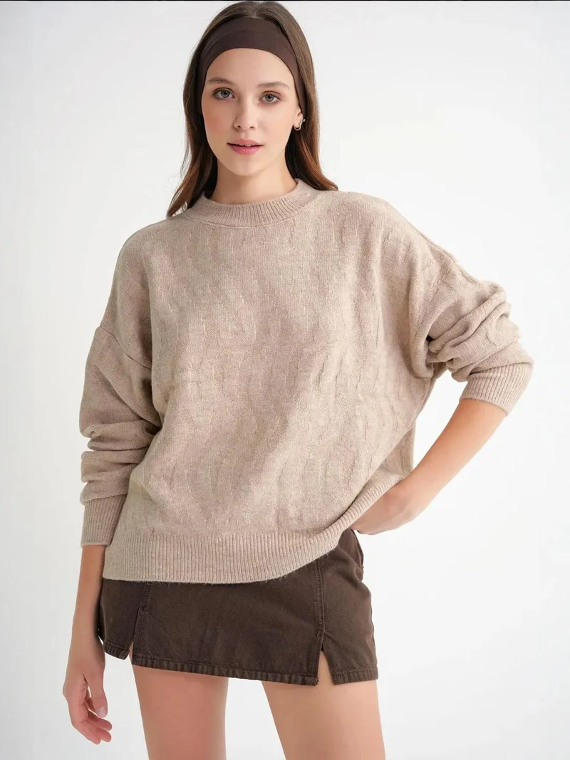 Mixray Ribbed Knitwear Pullover Sweater with Hair Braid Pattern