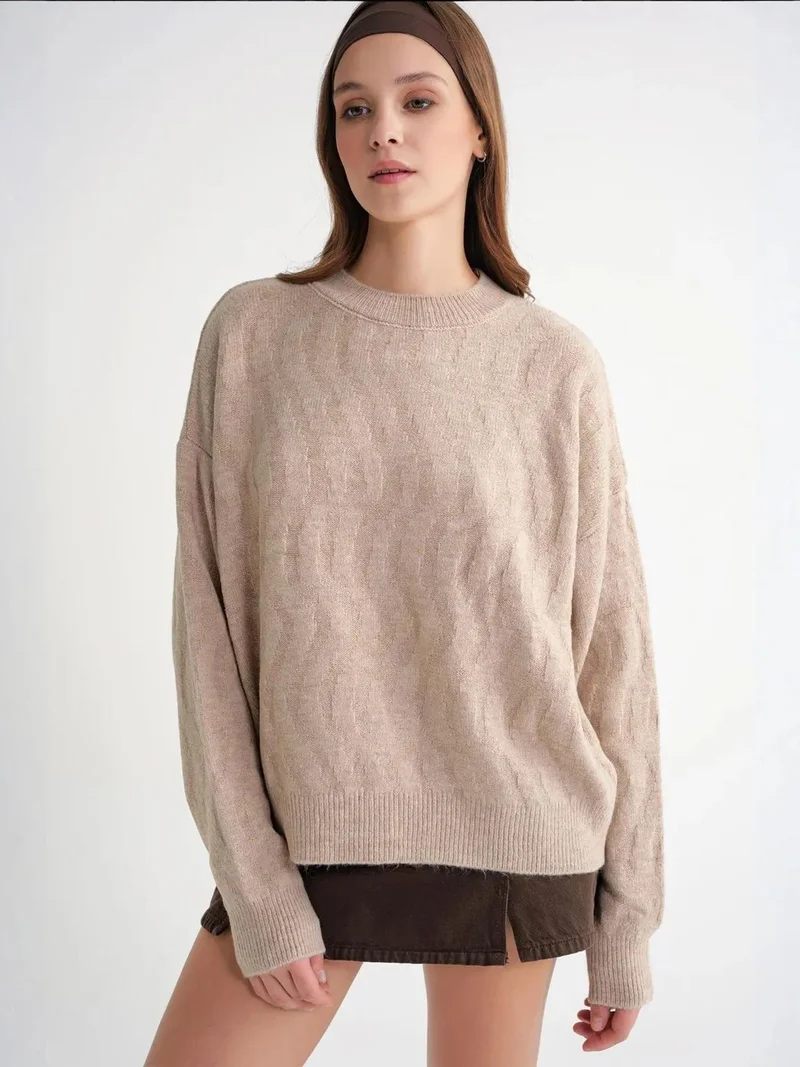 Mixray Beige Natural Mixray Ribbed Knitwear Pullover Sweater with Hair Braid Pattern for Women | Best Price UAE