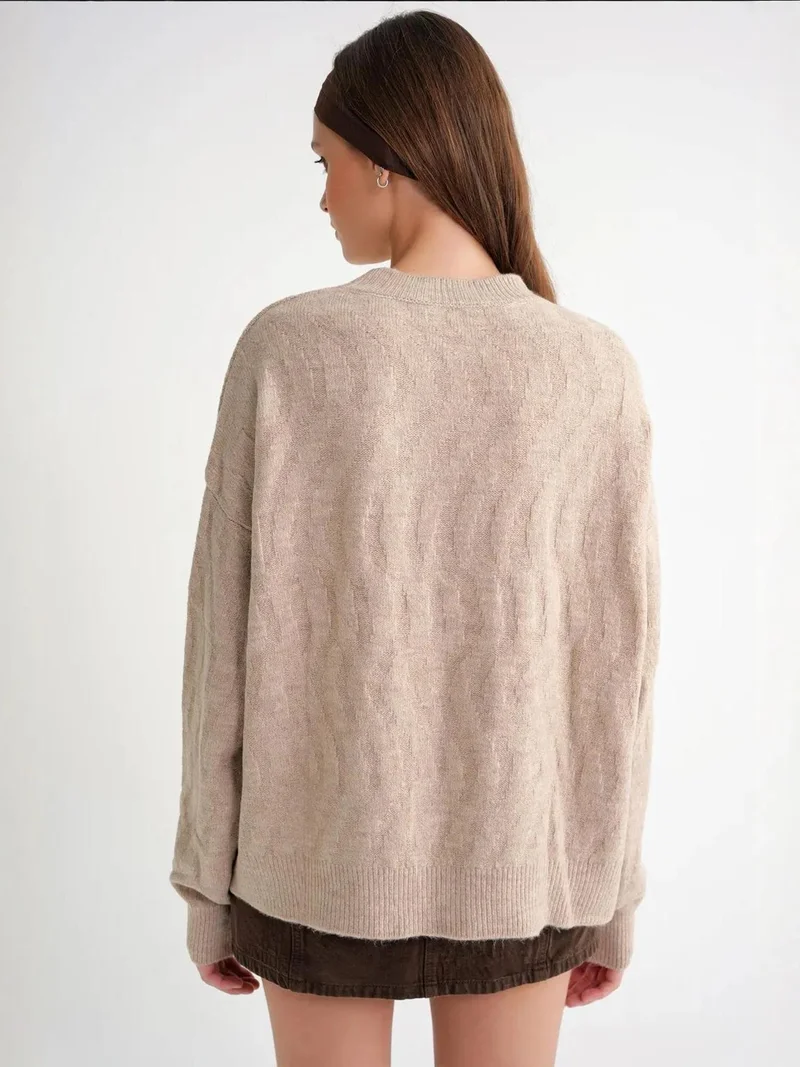Mixray Beige Natural Mixray Ribbed Knitwear Pullover Sweater with Hair Braid Pattern for Women | Best Price UAE