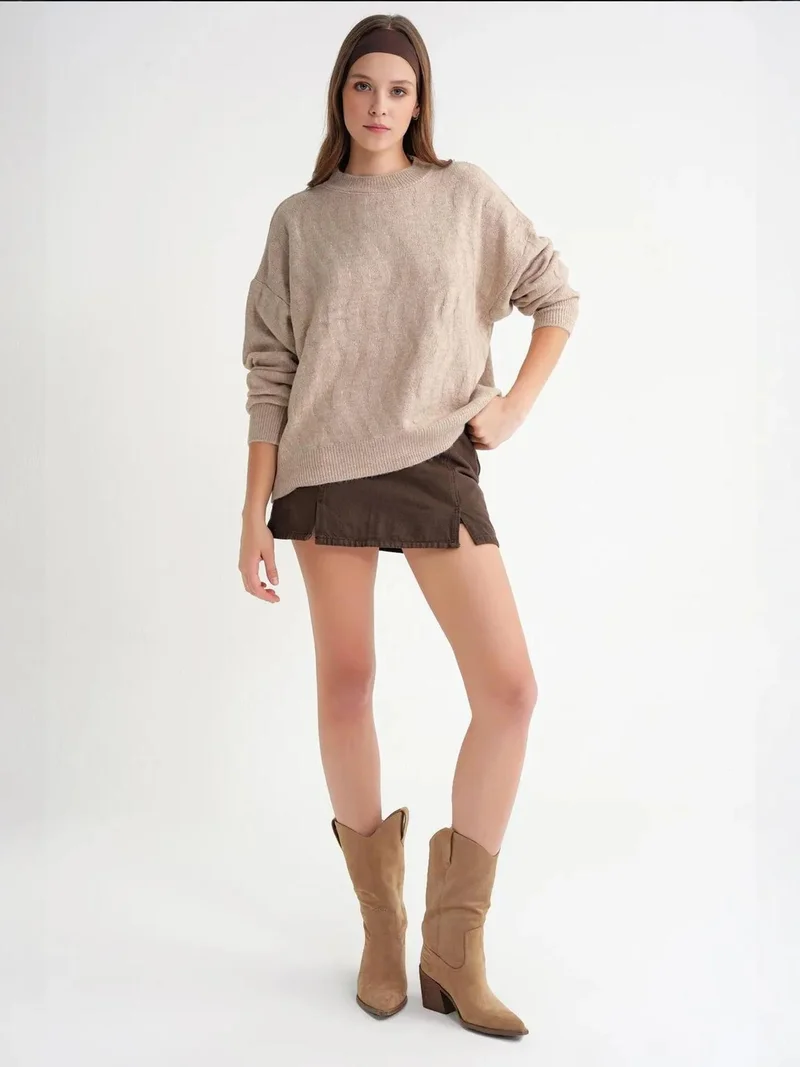 Mixray Beige Natural Mixray Ribbed Knitwear Pullover Sweater with Hair Braid Pattern for Women | Best Price UAE