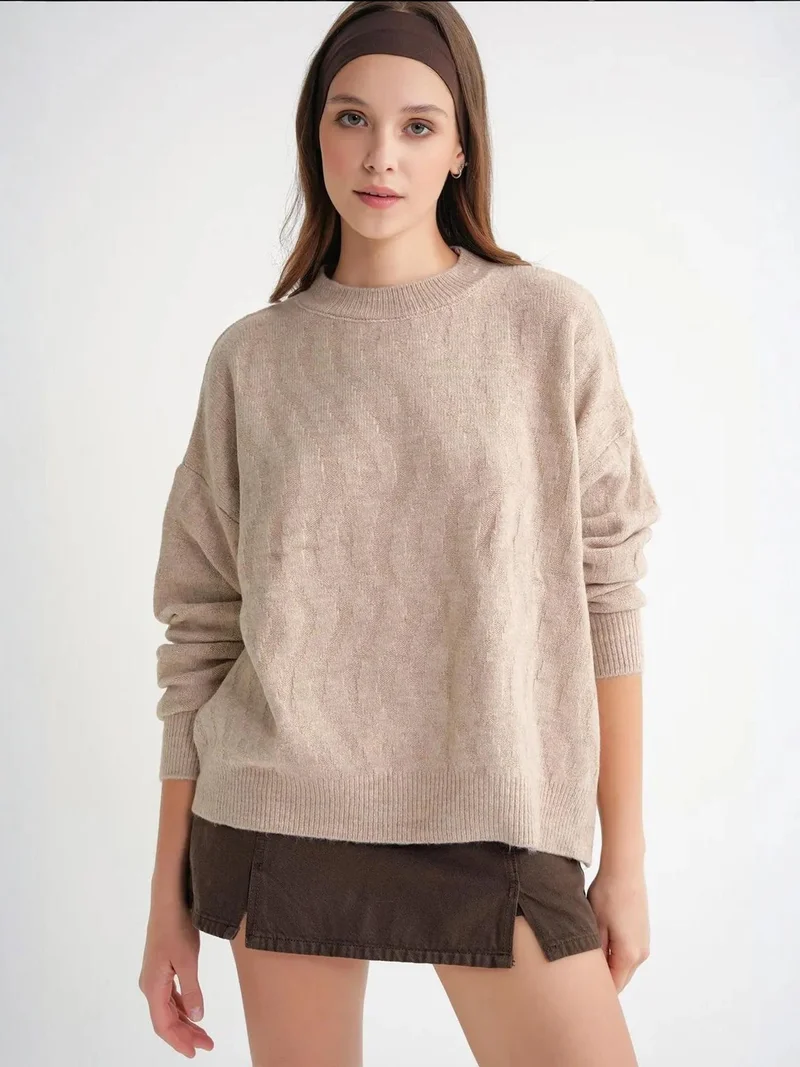 Mixray Beige Natural Mixray Ribbed Knitwear Pullover Sweater with Hair Braid Pattern for Women | Best Price UAE