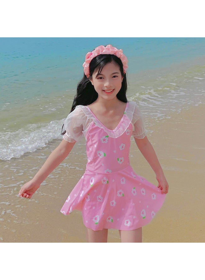 Children's Swimsuit, Girls' Short-sleeved One-piece Suit, Medium And Large Children's Sun Protection Beach Swimsuit, Swimsuit Skirt, High-elastic Sports Style