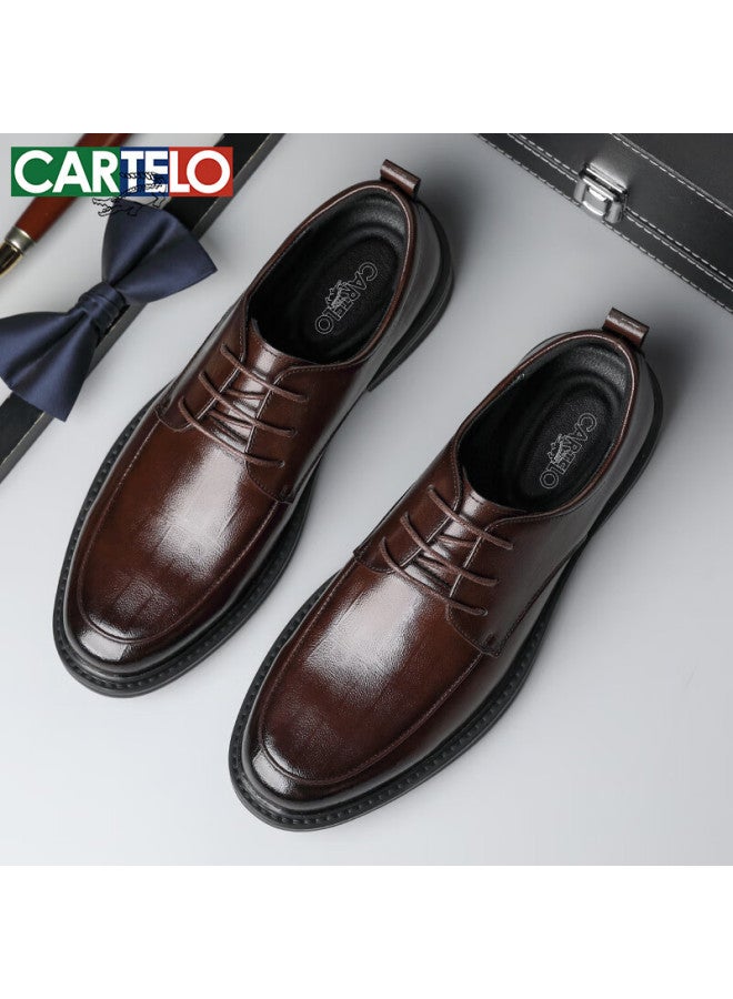 CARTELO Plaid Men'S Leather Shoes Wear-Resistant Soft Cowhide Casual Leather Shoes Men'S Business Round Toe Thick-Soled Men'S Shoes 9672 Brown 39 - Image 4
