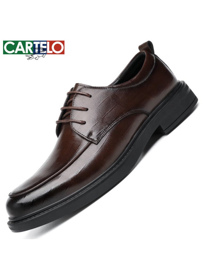 CARTELO Plaid Men'S Leather Shoes Wear-Resistant Soft Cowhide Casual Leather Shoes Men'S Business Round Toe Thick-Soled Men'S Shoes 9672 Brown 39 - Image 2
