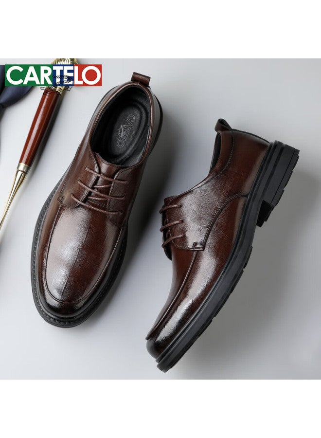 CARTELO Plaid Men'S Leather Shoes Wear-Resistant Soft Cowhide Casual Leather Shoes Men'S Business Round Toe Thick-Soled Men'S Shoes 9672 Brown 39 - Image 5