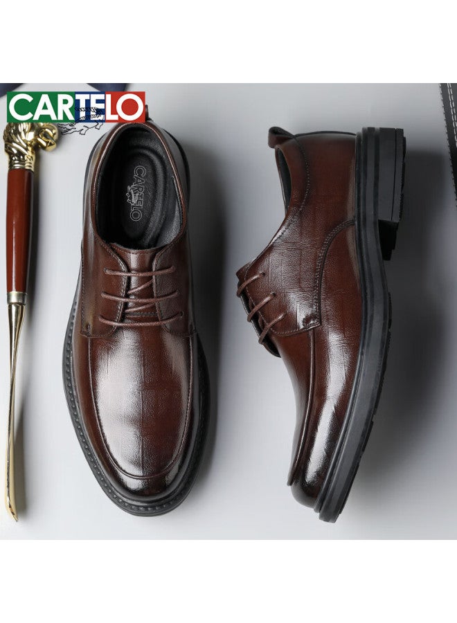 CARTELO Plaid Men'S Leather Shoes Wear-Resistant Soft Cowhide Casual Leather Shoes Men'S Business Round Toe Thick-Soled Men'S Shoes 9672 Brown 39 - Image 3