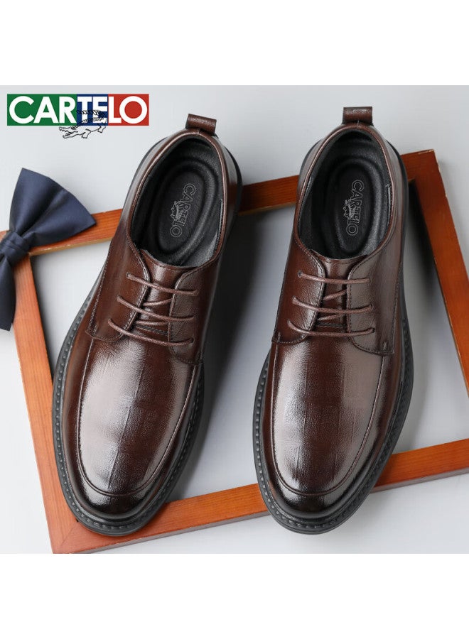 CARTELO Plaid Men'S Leather Shoes Wear-Resistant Soft Cowhide Casual Leather Shoes Men'S Business Round Toe Thick-Soled Men'S Shoes 9672 Brown 39 - Image 1