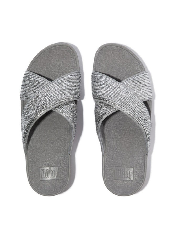 FitFlop 049-884 Fitflop Ladies Lulu Crinkled-Shimmer Cross Slides E1B-C91 Silver - Image 4