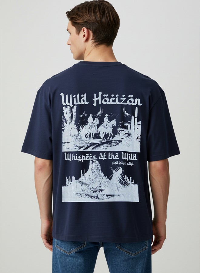 trendyol Navy Blue Oversize/Wide Cut 100% Cotton Printed T-shirt - Image 1