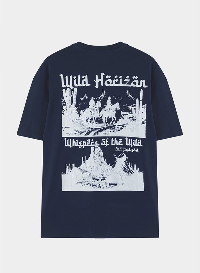 trendyol Navy Blue Oversize/Wide Cut 100% Cotton Printed T-shirt - Image 2