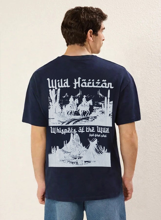 trendyol Navy Blue Oversize/Wide Cut 100% Cotton Printed T-shirt - Image 4