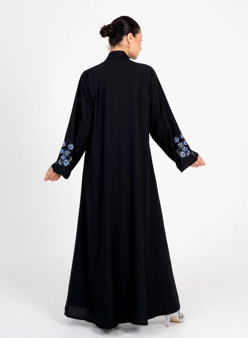 Rosette Abaya Embellished Abaya with Blue Flowers Embroidery
