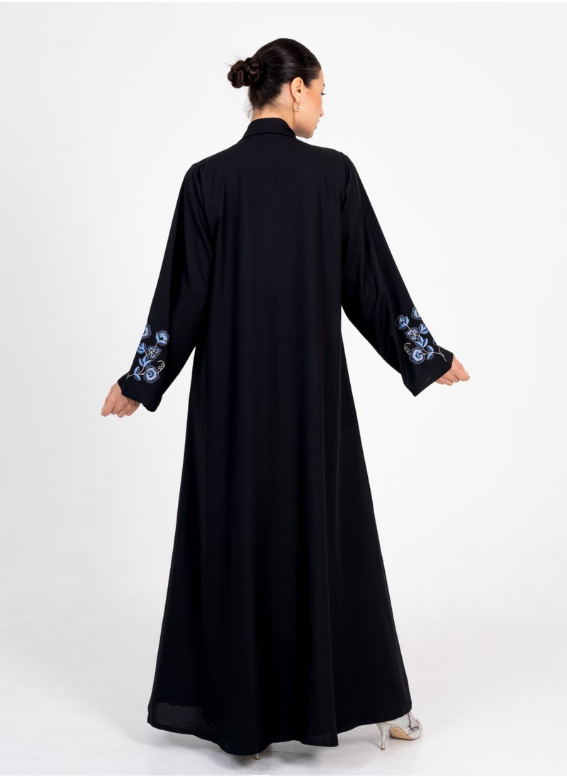 Rosette Abaya Embellished Abaya with Blue Flowers Embroidery  - Image 3