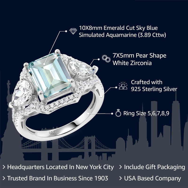 Gem Stone King 3.89 Cttw Sky Blue Simulated Aquamarine Ring For Women In 925 Sterling Silver | Emerald Cut 10X8MM | Available In Size 5, 6, 7, 8, 9 - Image 2