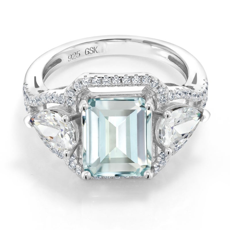 Gem Stone King 3.89 Cttw Sky Blue Simulated Aquamarine Ring For Women In 925 Sterling Silver | Emerald Cut 10X8MM | Available In Size 5, 6, 7, 8, 9 - Image 3
