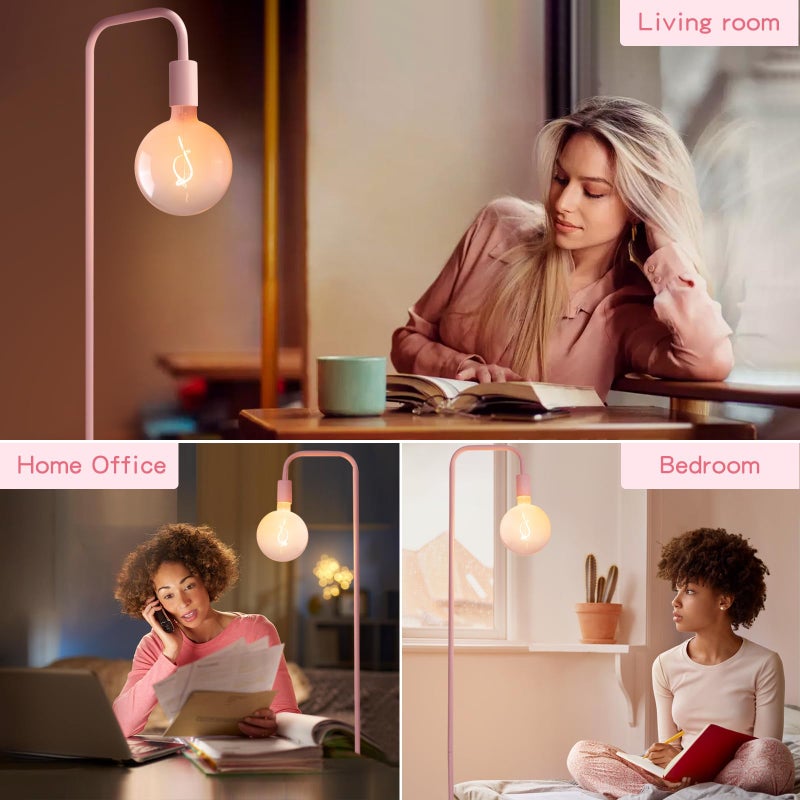 ONEWISH Pink Floor Lamp for Bedroom, Cute Standing Lamp with LED Bulb, Translucent Pink Globe Glass 2700k Warm Lighting. Globe Floor Lamp for Livingroom, Bedroom,Office - Image 5