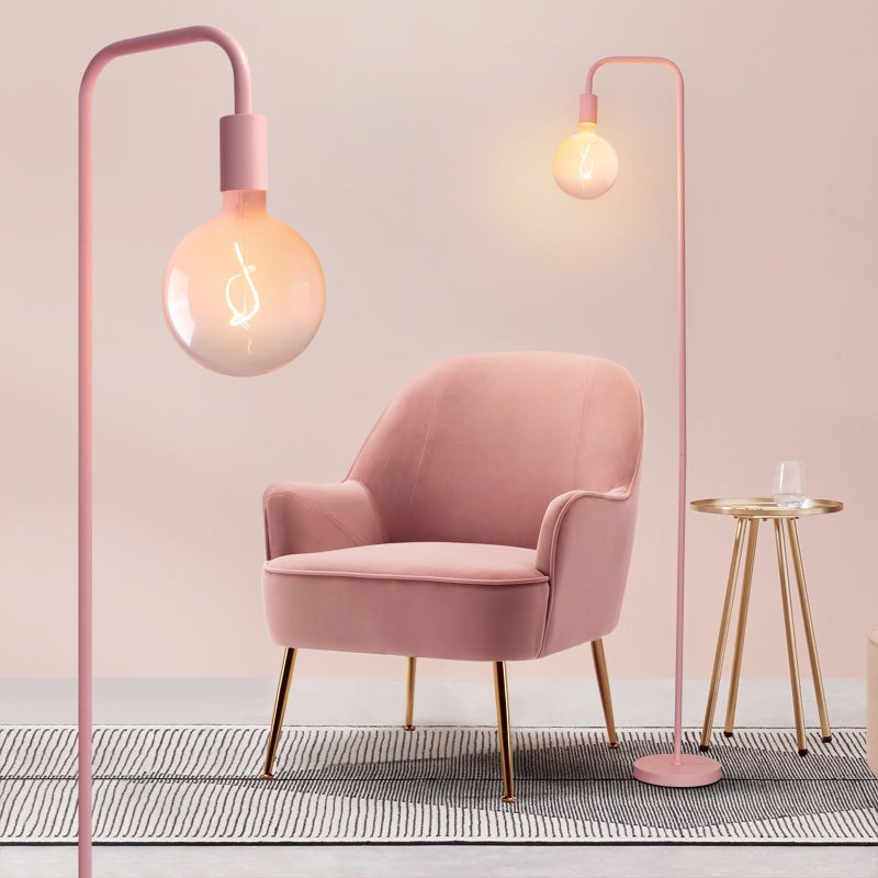 ONEWISH Pink Floor Lamp for Bedroom, Cute Standing Lamp with LED Bulb, Translucent Pink Globe Glass 2700k Warm Lighting. Globe Floor Lamp for Livingroom, Bedroom,Office - Image 1