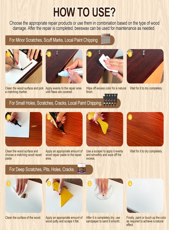 Boncart Wood Furniture Repair Kit, Set of 31, with Wood Putty, 10-Color Fillers, 8-Color Touch-Up Markers, Epoxy Putty and Beeswax, for Scratches, Cracks and Holes Repair - Image 4