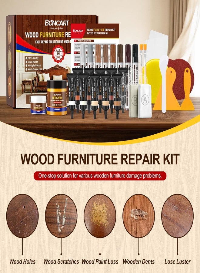 Boncart Wood Furniture Repair Kit, Set of 31, with Wood Putty, 10-Color Fillers, 8-Color Touch-Up Markers, Epoxy Putty and Beeswax, for Scratches, Cracks and Holes Repair - Image 2