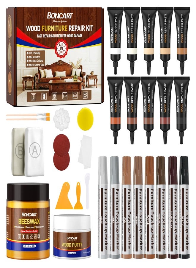 Boncart Wood Furniture Repair Kit, Set of 31, with Wood Putty, 10-Color Fillers, 8-Color Touch-Up Markers, Epoxy Putty and Beeswax, for Scratches, Cracks and Holes Repair - Image 1