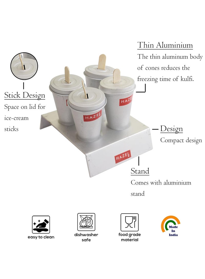 هايزل قالب كولفي من الألومنيوم قابل لإعادة الاستخدام |(قالب كولفي - 5 × 9 سم، حامل كولفي - 15.7 × 11.7 × 4 سم) صانع كولفي للأطفال والكبار | قالب حلوى محلي الصنع (4 قطع مخروطية مع حامل (غطاء فتحة) مجموعة من 4 قطع - Image 3