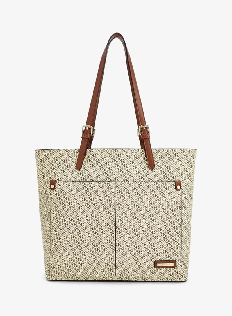 Monogram Print Tote Bag With Zip Closure And Double Straps